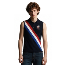 【Buy Sleeveless Striped Polo Shirt】|Black background|Red, white and blue diagonal stripes|Five-button design on lapel|Sleeveless tailoring|Horse head badge on left chest|Sleeveless Polo Wholesale P1833 【Buy Sleeveless Striped Polo Shirt】|Black background|Red, white and blue diagonal stripes|Five-button design on lapel|Sleeveless tailoring|Horse head badge on left chest|Sleeveless Polo Wholesale P1833